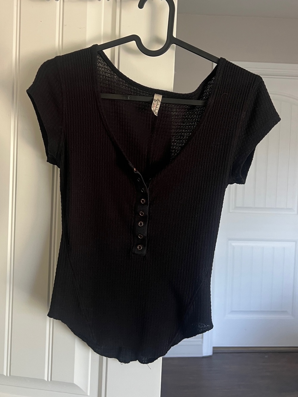 Free People Black Short Sleeve Henley Ribbed Top